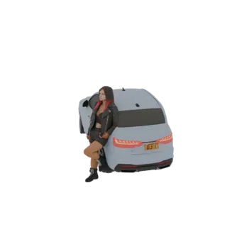 3D-Modell einer Frau mit pinkfarbenen Haarsträhnen in Lederjacke, die sich an das Heck eines modernen Autos mit beleuchteten