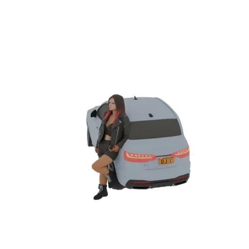 Modelo 3D de uma mulher com cabelo com mechas rosas, de jaqueta de couro, apoiada na traseira de um carro moderno com luzes t