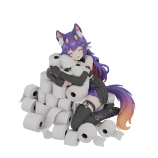 Modèle 3D d'une fille anime aux cheveux violets et oreilles de chat, souriant et serrant une grande pile de rouleaux de papie