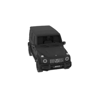 Modelo 3D de un Mercedes-AMG G 63 SUV negro, visto desde un ángulo frontal de tres cuartos sobre un fondo blanco.
