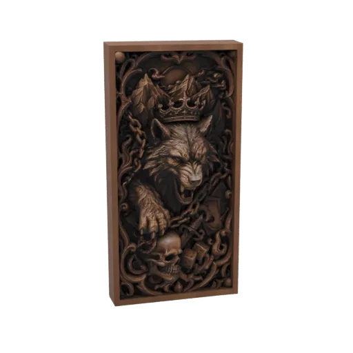3D model of a wolf king carved to look like wood, wearing a crown and resting its paw on a skull.