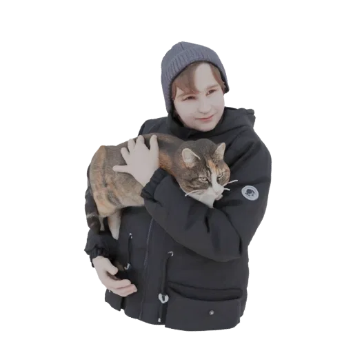Modelo 3D de uma jovem garota usando casaco de inverno e gorro, segurando um gato malhado nos braços.