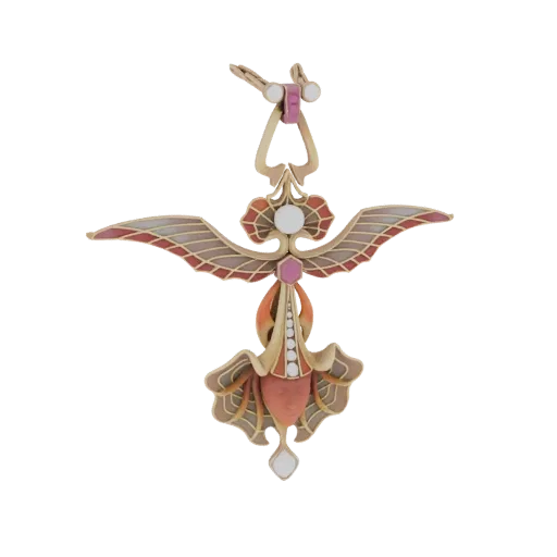 3D model of an Art Nouveau winged creature pendant with intricate wings, gemstone accents, and flowing lines.