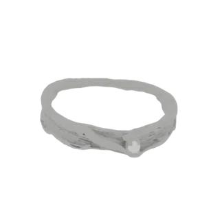 3D model of a textured silver ring with a small, clear gemstone set in its band, presented on a white background.