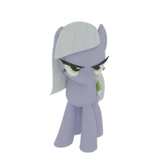Una renderización 3D de un poni morado gruñón con crin gris claro y una marca de belleza de gema verde, de pie sobre un fondo