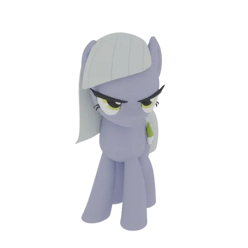 A 3D render of a grumpy purple pony with a light grey mane and a green gem cutie mark, standing against a white background.