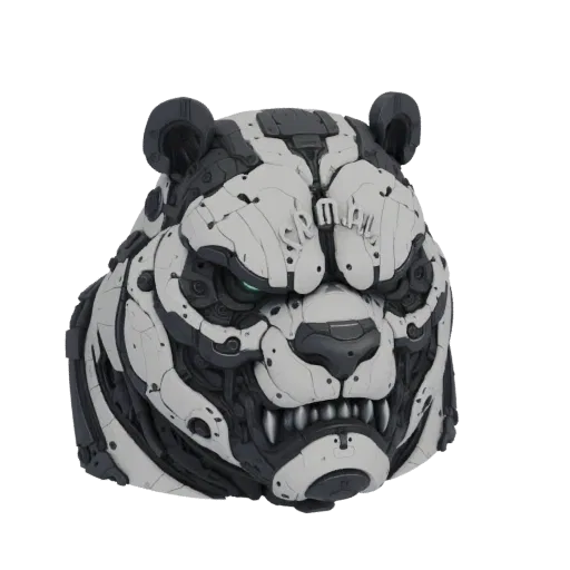 A detailed 3D render of a cybernetic panda head bust with white and dark grey mechanical parts and glowing green eyes.