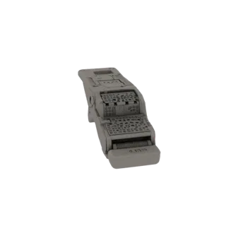 3D model of a futuristic, gray sci-fi handheld device with multiple buttons and a textured surface, viewed from a slight angl