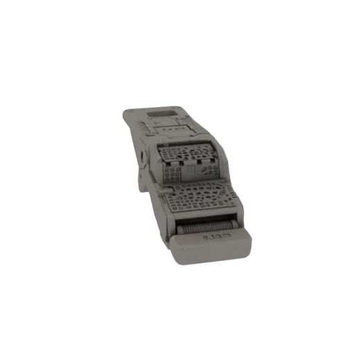 3D model of a futuristic, gray sci-fi handheld device with multiple buttons and a textured surface, viewed from a slight angl