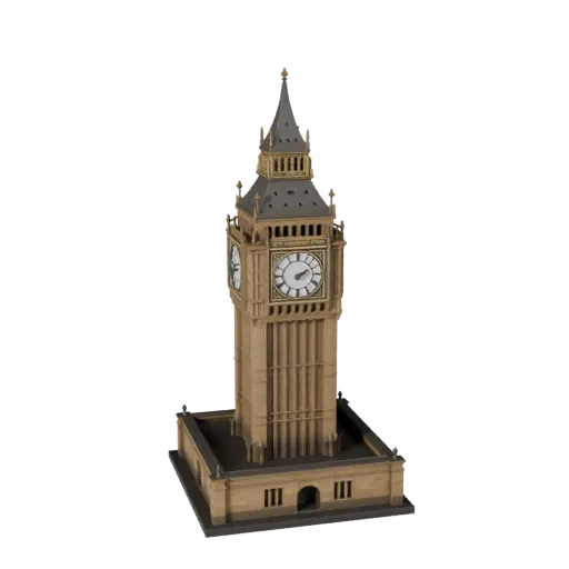 Modello 3D stilizzato del Big Ben, vista isometrica di un ambiente di gioco stilizzato, che mostra i materiali strutturali de