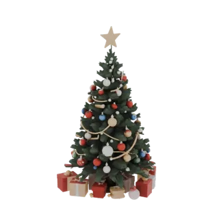 Modello 3D di albero di Natale decorato con palline e ghirlande, con una stella in cima e regali alla base.