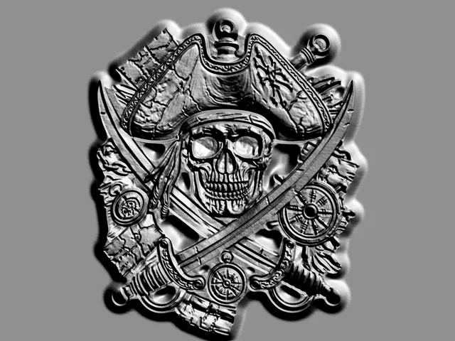 3D model of a pirate skull bas-relief in a hat, with crossed sabers, compass, and nautical elements, in engraving style