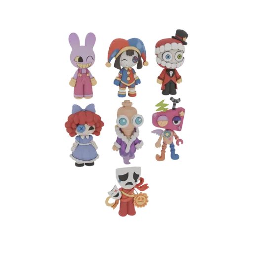 A collection of 8 distinct 3D character models in a claymation style, featuring whimsical and Halloween-themed designs, arran