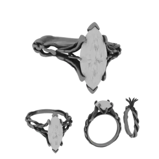 Modelo 3D de anillo de compromiso con diamante talla marquesa y detallada banda metálica retorcida, mostrado desde varios áng