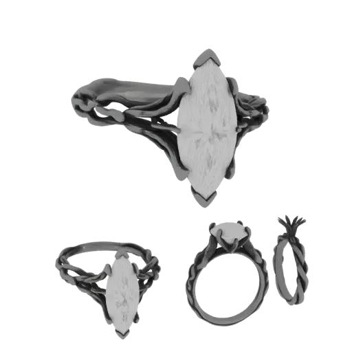 3D model of a marquise cut diamond engagement ring with a detailed twisted metal band, shown from multiple angles.