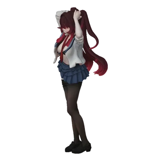 3D model of an anime schoolgirl with maroon pigtails, wearing a school uniform and striking a pose.
