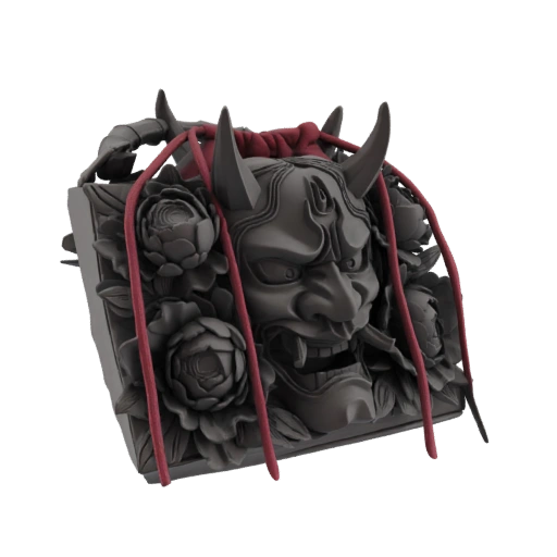 Dark Oni Mask with Peonies and Red Cords 3D Model