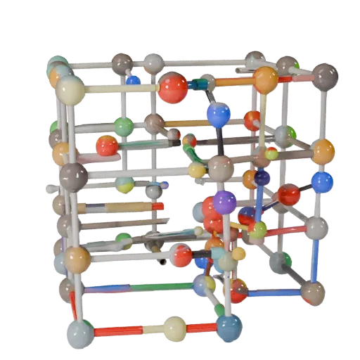 Classroom Crystal Lattice Stylized 3D model, stylized isometric render, showing colored spheres, molecule layout.