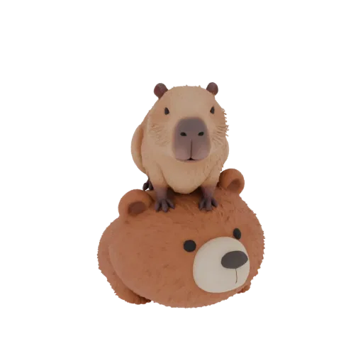 3D model of a capybara sitting on the head of a smiling cartoon bear