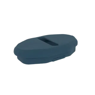 3D render of a blue silicone car key fob cover with a slot for the key, shown against a white background.