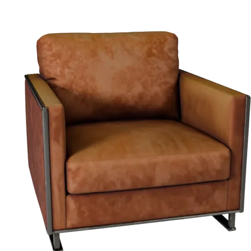 Modelo 3D de sillón de terciopelo, interior de hogar, vista de tres cuartos frontal, viewport de Unreal Engine, detalle de ma