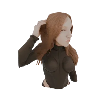 Modelo 3D gerado por IA de uma mulher com cabelo castanho-avermelhado vestindo um body preto de gola alta, posando com a mão