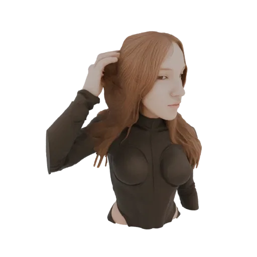 Modèle 3D généré par IA d'une femme aux cheveux auburn portant un body noir à col haut, posant avec sa main près de sa tête.
