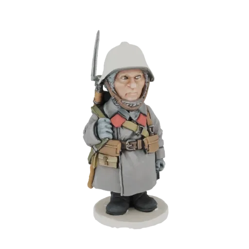 Modèle 3D d'un soldat chibi en manteau gris, portant un casque blanc et tenant un fusil avec une baïonnette, debout sur une b