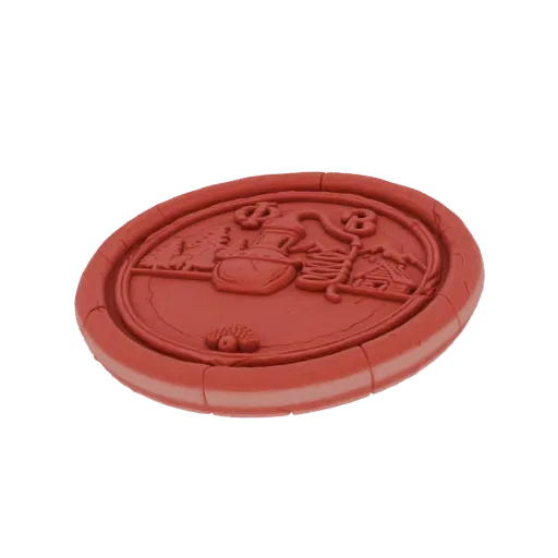 3D model of a red wax seal stamp featuring a cauldron, house, trees, and berries in a whimsical scene.