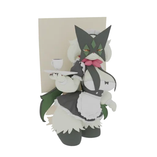 Modelo 3D de personaje gato con traje de doncella, sosteniendo bandeja con taza, con máscara y pelaje esponjoso.