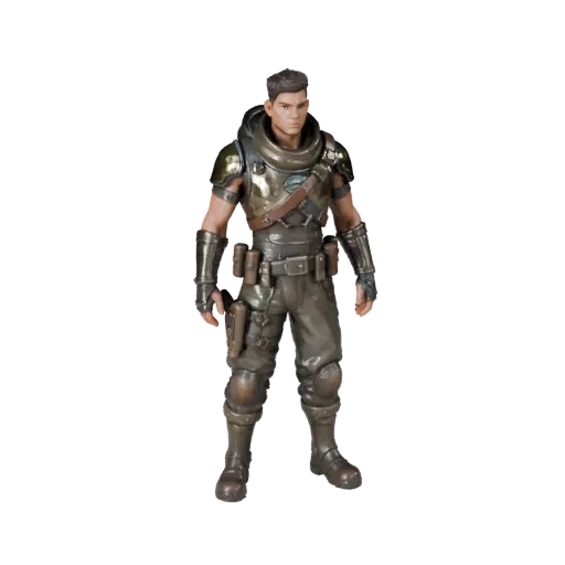 Personaggio 3D Post Apoc Survivor Battle Hardened, vista viewport motore, asset pronto per Unreal Engine con posa in piedi e