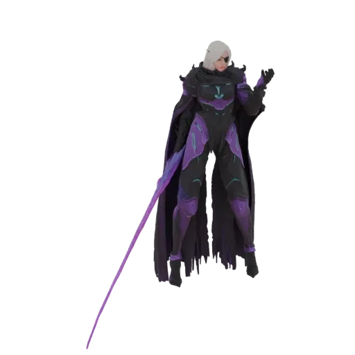 3D model of a cybernetic warrior in dark armor with purple accents, holding a glowing purple energy sword and wearing a dark