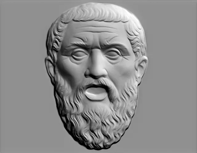 3D model of an ancient philosopher bas-relief with a beard and open mouth, in the style of classical sculpture.