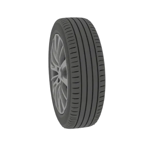 A 3D model of a car tire with a detailed tread pattern and a modern alloy wheel, presented on a white background.
