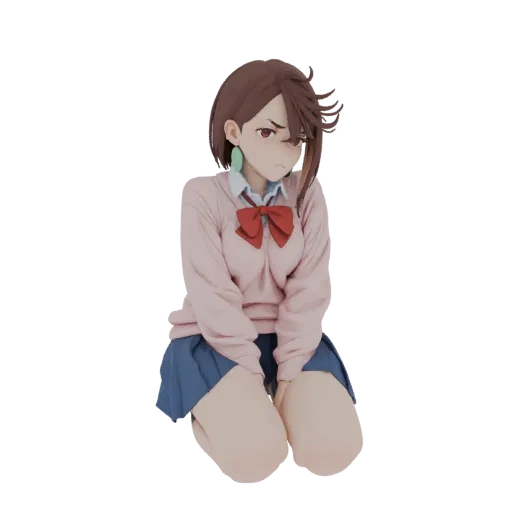 3D model of an anime schoolgirl kneeling with a displeased expression, wearing a pink sweater and blue skirt.