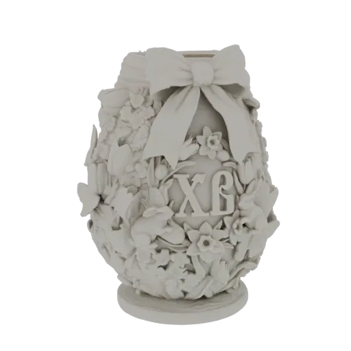3D model of a white Easter egg decorated with a large bow, small rabbits, and various flowers, set against a white background.