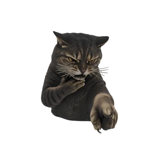 3D model of an angry tabby cat with yellow eyes, pointing one paw forward and holding the other paw to its chest.