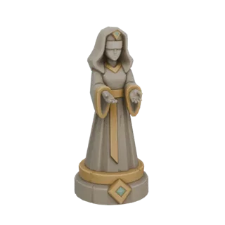 Rendu 3D d'une statue d'oracle aveugle avec une tête à capuche, un visage bandé et des mains tendues, sur une base décorative