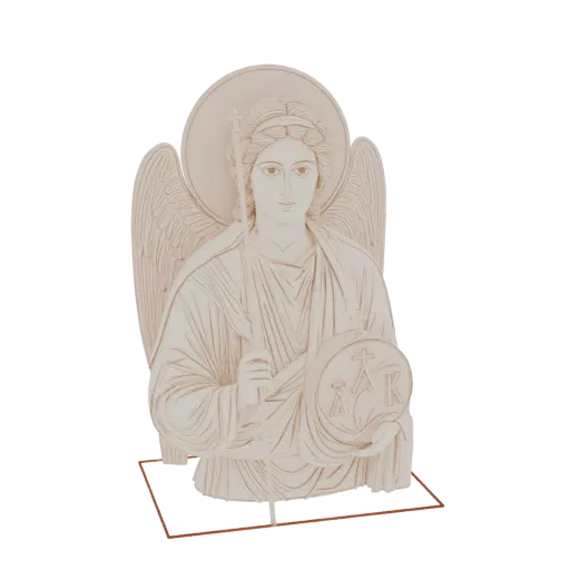 3D model bust of Archangel Michael with halo, wings, and symbolic orb, rendered in a light beige material.