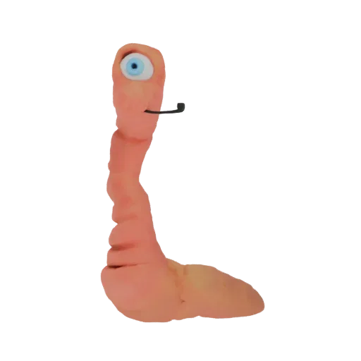 A 3D render of a claymation worm with a single blue eye and a black pipe, its body curved in a playful pose.