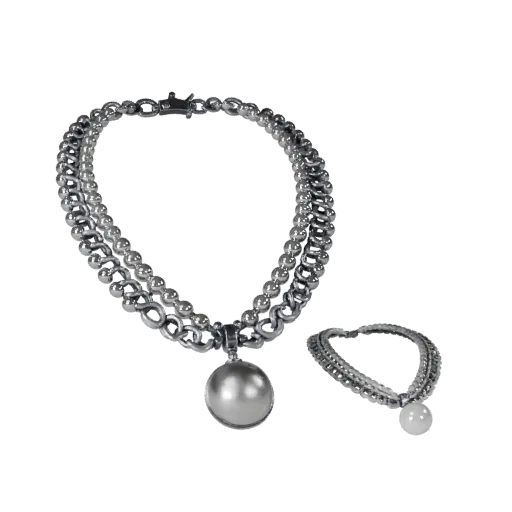 Sterling Silver Layered Pearl Necklace 3D model, stylized isometric render, pearl surface.