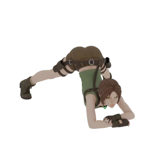 3D model of Lara Croft in a dynamic action pose, wearing her iconic outfit and looking determined.