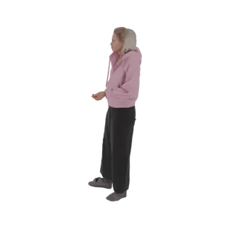 Modelo 3D de mulher em pé, vestindo moletom rosa e calças pretas, vista de lado.