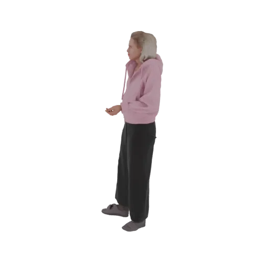 Modèle 3D d'une femme debout, portant un sweat à capuche rose et un pantalon noir, vue de côté.