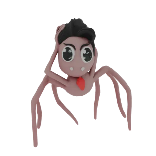 A stylized 3D model of a character inspired by Spider-Man, with large eyes, dark hair, a red tie, and spider-like limbs, agai