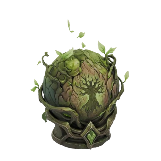 3D model of a Mystic Forest Orb, a green sphere covered in intricate tree roots, branches, and leaves, resting on an ornate b