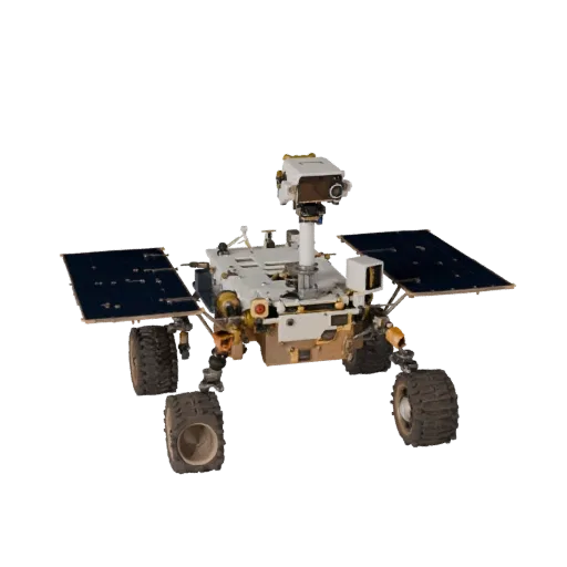 Mars Planetary Rover Realistic 3D model, three-quarter studio render, showing dusty wheels, vehicle stance.