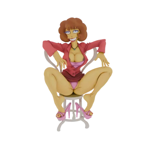 3D model of a glamorous woman with large eyes and a wide smile, wearing a pink outfit and high heels, sitting provocatively o
