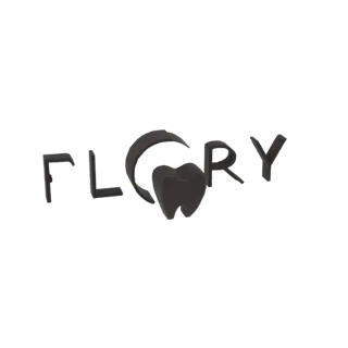 3D-Render des FLORY Dental Logos mit stilisiertem Zahn und Halbmond in metallischer Ausführung auf schwarzem Hintergrund.