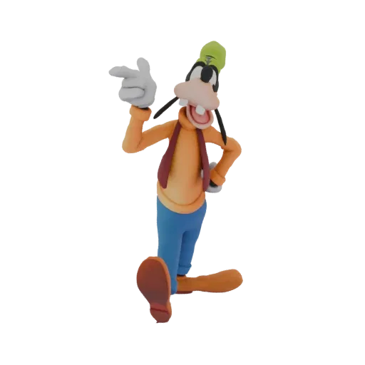 Modelo 3D do personagem Pateta da Disney em uma pose clássica apontando, vestindo sua camisa laranja, colete marrom e calças